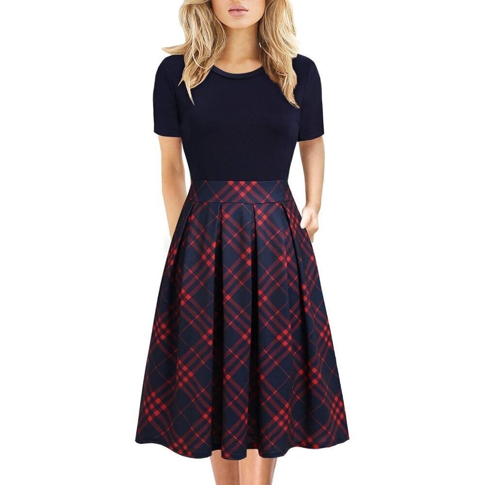 Women's Navy Plaid- Elegant Knee Length Vintage A-Line Swing Dress with Pocket